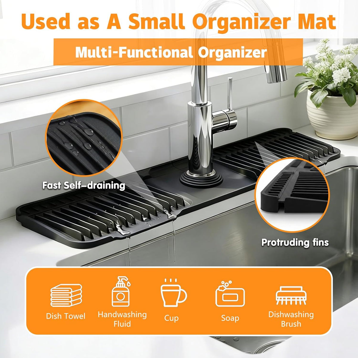 Silicone Faucet Draining Mat – Black, 17.7 Inch