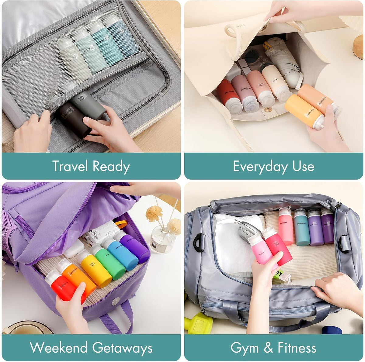 Muslish Refillable Silicone Travel Bottles – 3 fl oz, 6 Pack, Gray Mix