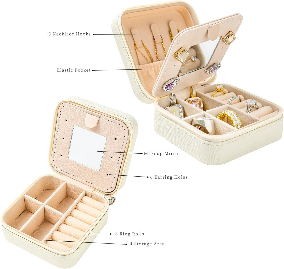 KElofoN Travel Jewelry Case with Mirror – White