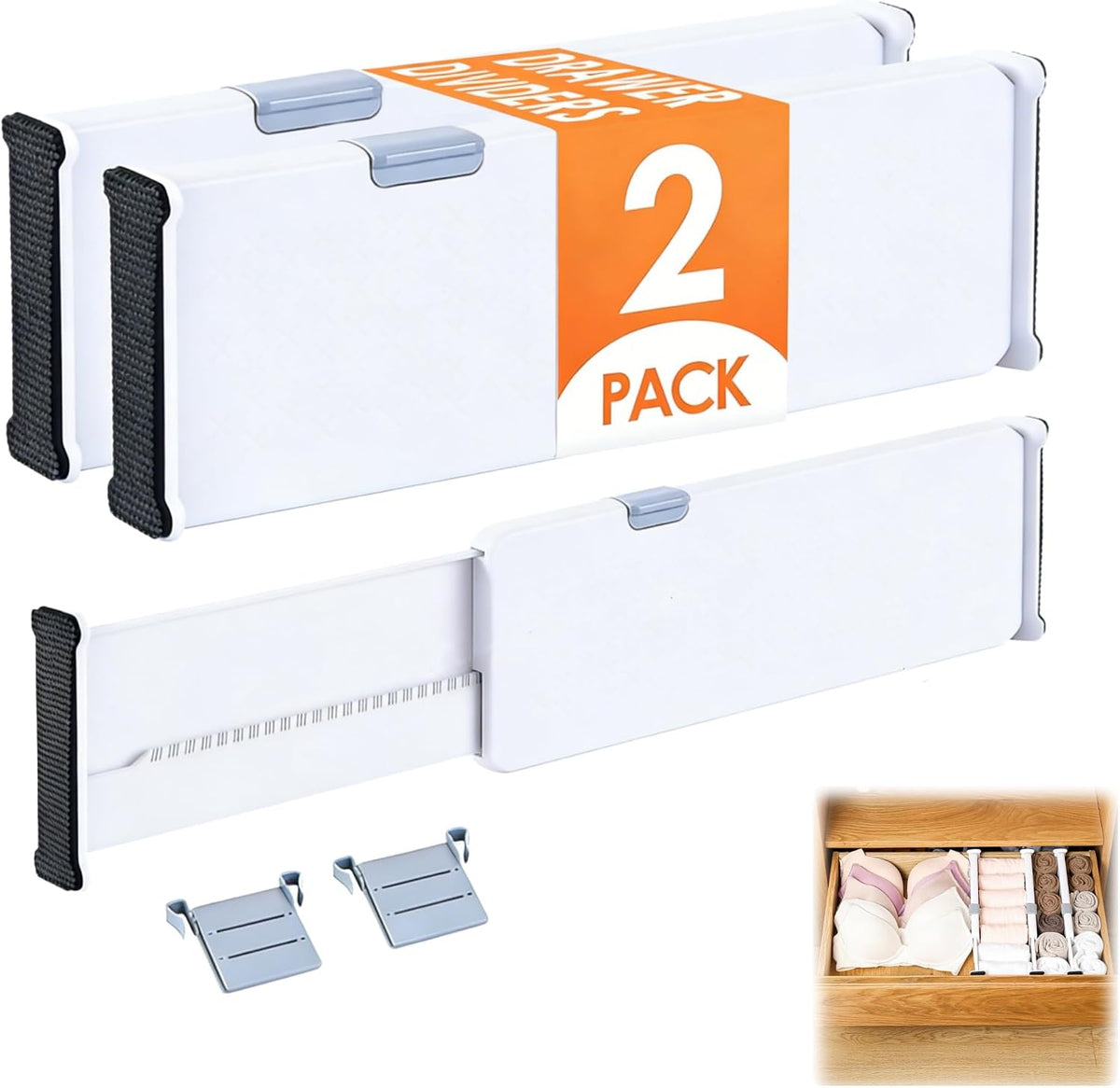 Adjustable Drawer Dividers with Inserts – White, 2 Pack