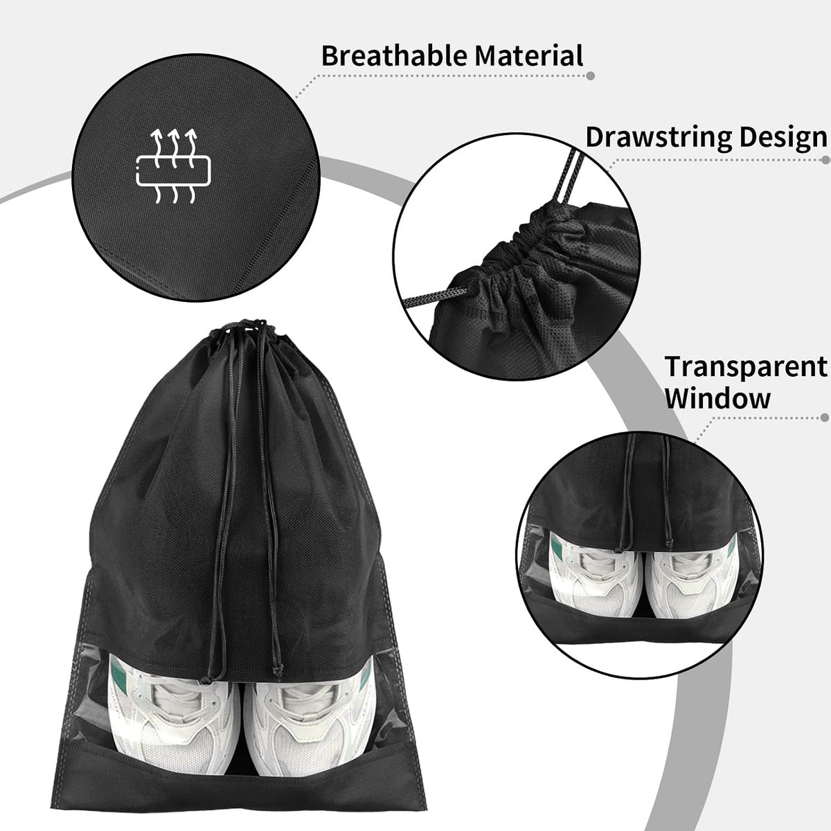 COIDEA Travel Shoe Bags with Clear Window – Black, 5 Pack