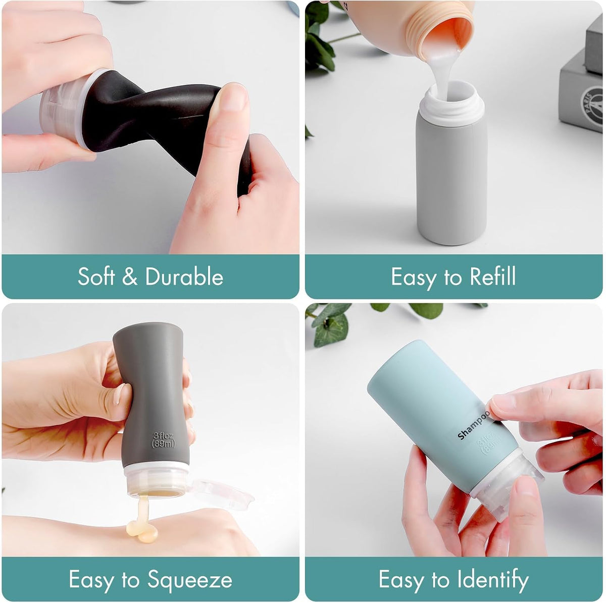 Muslish Refillable Silicone Travel Bottles – 3 fl oz, 6 Pack, Gray Mix
